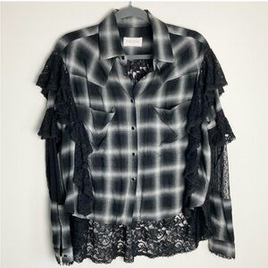 Divine Heritage Revolve Lace Button Front Plaid Shirt Gothcore Ruffles Medium
